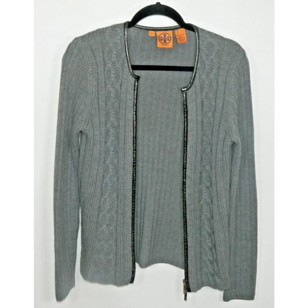 Tory Burch Sweater Cardigan Size Large Gray Wool‎ Leather Trim Round Neck Zip Up